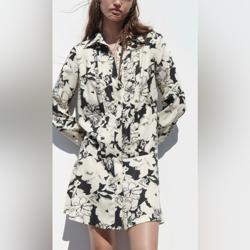 Zara black floral pleated a-line dress
